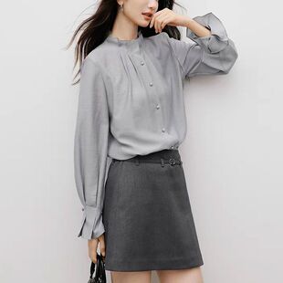 26春季复古宫廷风立领莱赛尔衬衫木耳边喇叭袖气质通勤上衣
