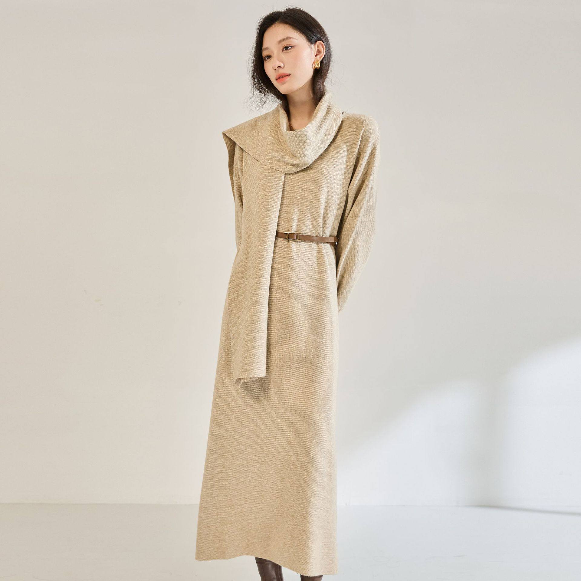 26春新款V领打底衫套头直筒宽松大码毛衣长款过膝针织连衣裙