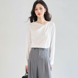 26春季极简知性通勤温柔风荡领上衣高级感流光缎面长袖衬衫