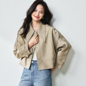 酷飒风女 美式 26秋季 夹克外套女短风衣斜纹皮小个子机车翻领短款