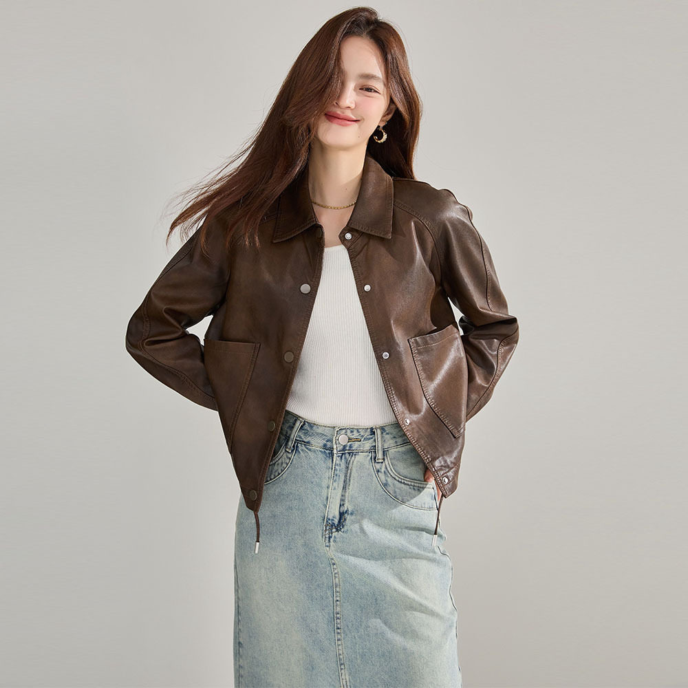 26春新款翻领复古外套女流行短款抽绳港风夹克上衣