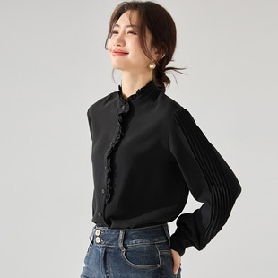 26春季优雅法式长袖雪纺纯色衬衫级感百搭通勤木耳边立领上衣女
