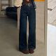 26冬新款 休闲百搭直筒垂感深蓝色水洗高腰阔腿加绒牛仔裤 女