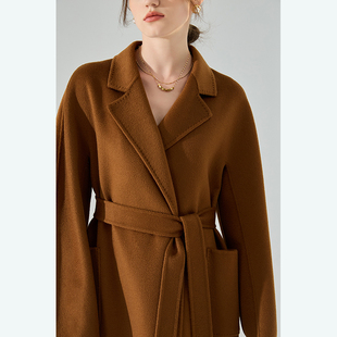 M家高端水波纹双面羊绒焦糖色中长款26秋新款大衣女浴袍宽松黑色