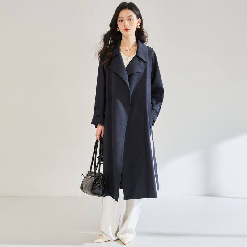 26春装英伦风翻领宽松廓形中长款风衣通勤高级感深藏青外套