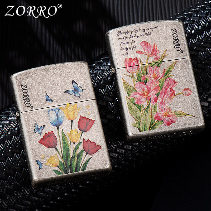 ZORRO佐罗煤油打火机防风复古砂轮彩印古银花卉时尚个性高档礼品