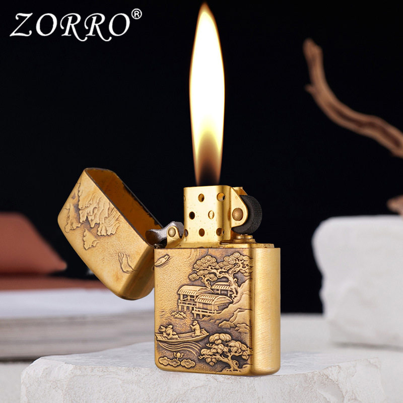 ZORRO佐罗加厚原铜浮雕山水画煤油打火机经典复古高端男士礼品
