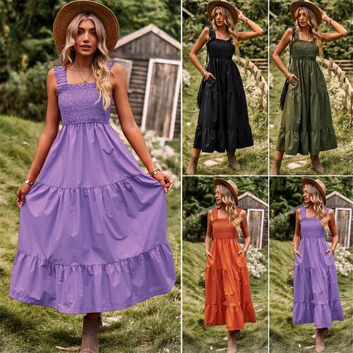 吊带连衣裙无袖裙 2023 Summer strap ruffle purple women dress
