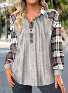 women fleeces ladies blouse tops格子条纹拼接复古套头卫衣T恤