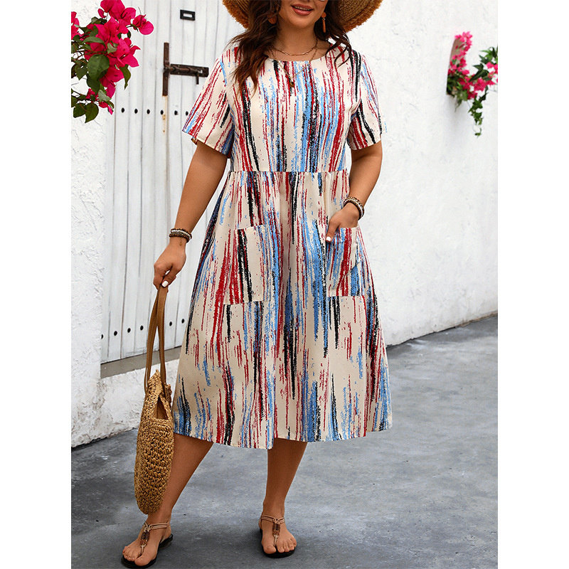 XL-4XL women dresses plus ladies skirt条纹印花宽松插兜连衣裙