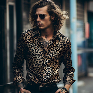 外贸大码2023秋季新款衬衣男士豹纹长袖衬衫夜店走秀 Men's shirt