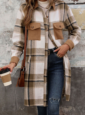 autumn winter women overcoat ladies tops秋冬磨毛格纹长款外套