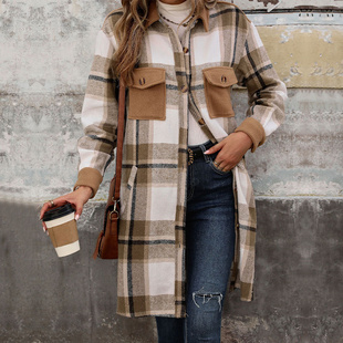 autumn winter women overcoat ladies tops秋冬磨毛格纹长款外套