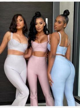 2022 Sexy Two Pieces Set Bodycon Rayon Bandage Evening Party