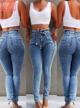 lady high waist elastic jeans belt denim pant women 女牛仔裤