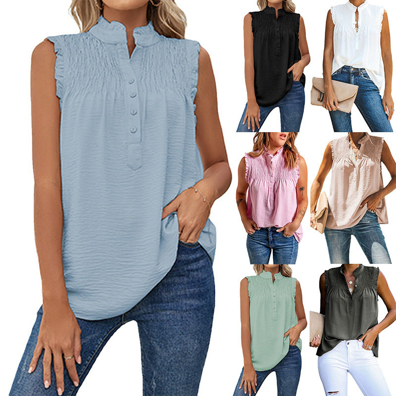 2022 Vest Sleeveless High Neck Button Frill Loose Casual Top