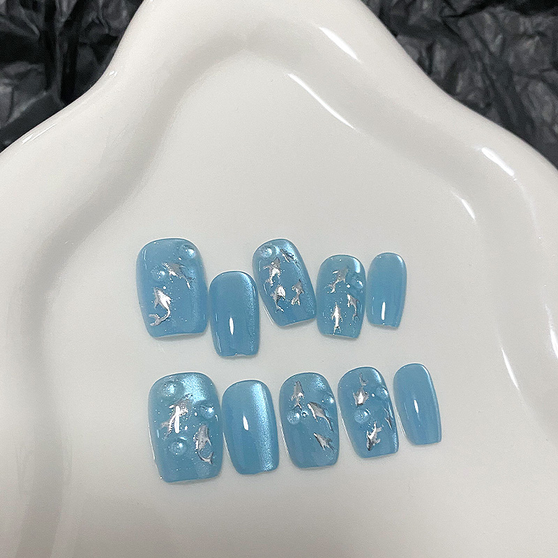 lovefix纯手工穿戴甲短T高级感蓝色海洋手绘海豚猫眼气质显白甲贴