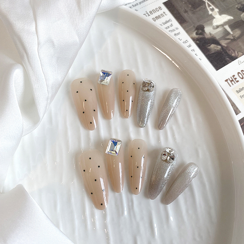 lovefix纯手工穿戴甲长水滴高级感冰透裸色爆闪猫眼