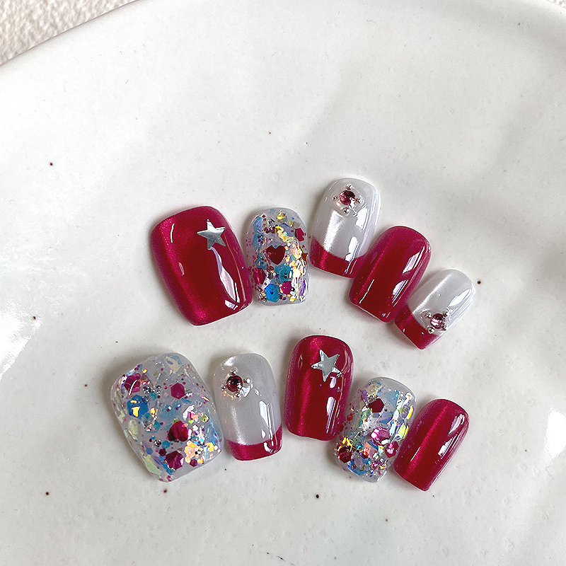 lovefix纯手工穿戴甲短T高级感爆闪猫眼炫彩亮片银色星星显白甲贴