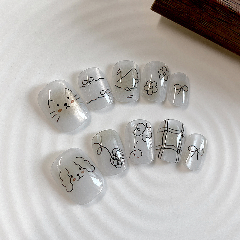 lovefix纯手工穿戴甲短短T卡通ins风童趣手绘可爱猫咪小狗美甲贴