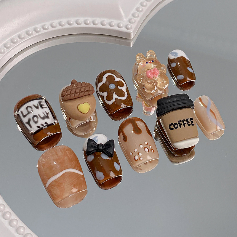 lovefix纯手工穿戴甲短T气质焦糖色立体榛子咖啡冰透小兔子美甲贴