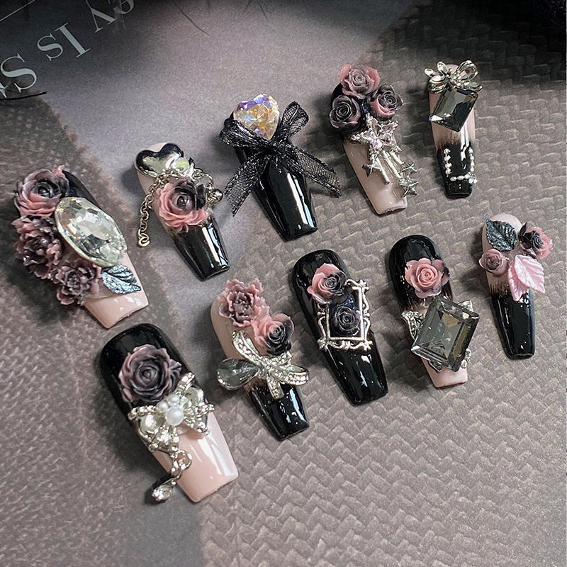 lovefix纯手工穿戴甲长T繁花似锦重工黑粉渐变立体花朵带方钻甲贴