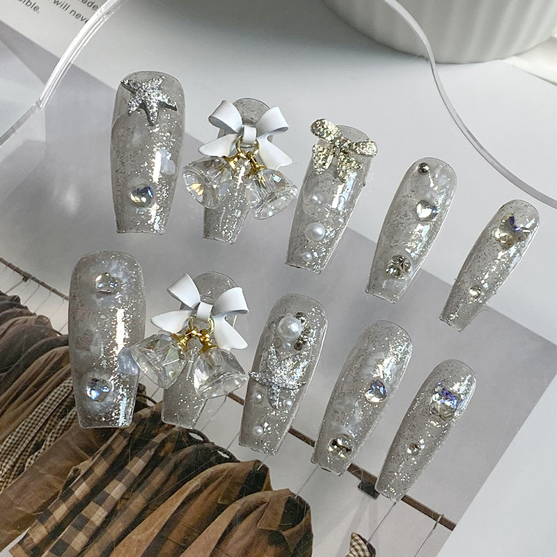 lovefix纯手工穿戴甲长T清冷感女神冰透细闪金属蝴蝶结水晶铃铛