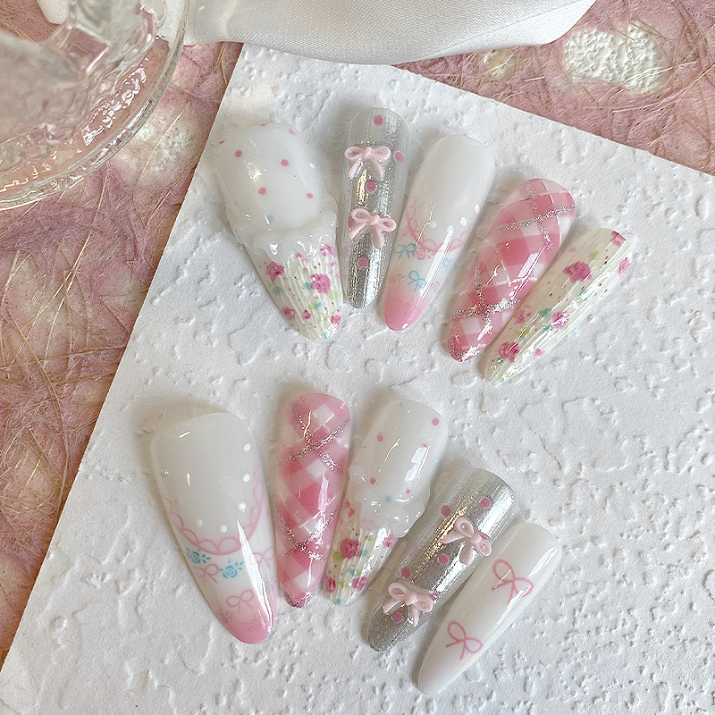 lovefix纯手工穿戴甲长水滴夏日清新小碎花粉格子立体蝴蝶结甲贴