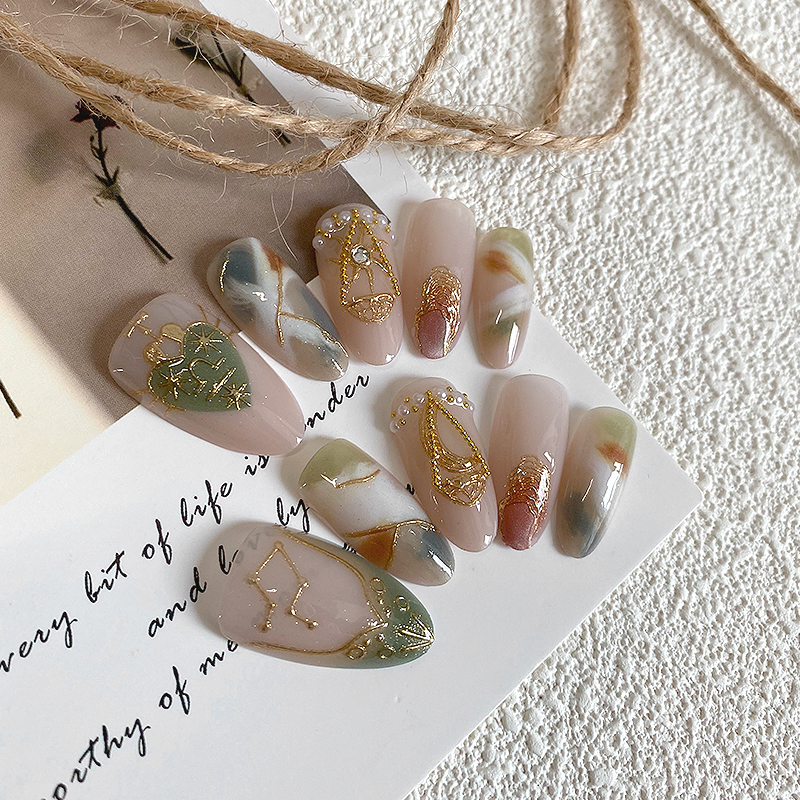 lovefix纯手工穿戴甲杏仁天秤座不规则晕染鎏金手绘珍珠时尚甲贴