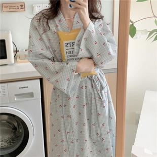 家居服 浴袍女薄款 和服睡衣ins日式 长款 睡袍可爱格子樱桃春秋长袖