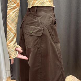 高腰显瘦小个子加绒阔腿裤 美式 女秋冬2025新款 运动裤 棕色弯刀工装