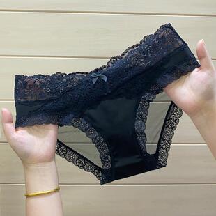 女棉裆丝滑缎面透气网纱低腰少女三角裤 2条装 性感绣花蕾丝内裤
