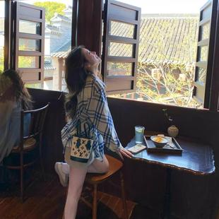 港风复古蓝白撞色格纹衬衫 宽松独特超好看防晒上衣 2025女夏季 薄款