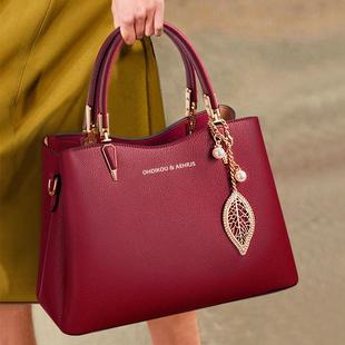 香港真皮妈妈包结婚包包新娘包红色喜婆婆婚礼中年手提包女款女包