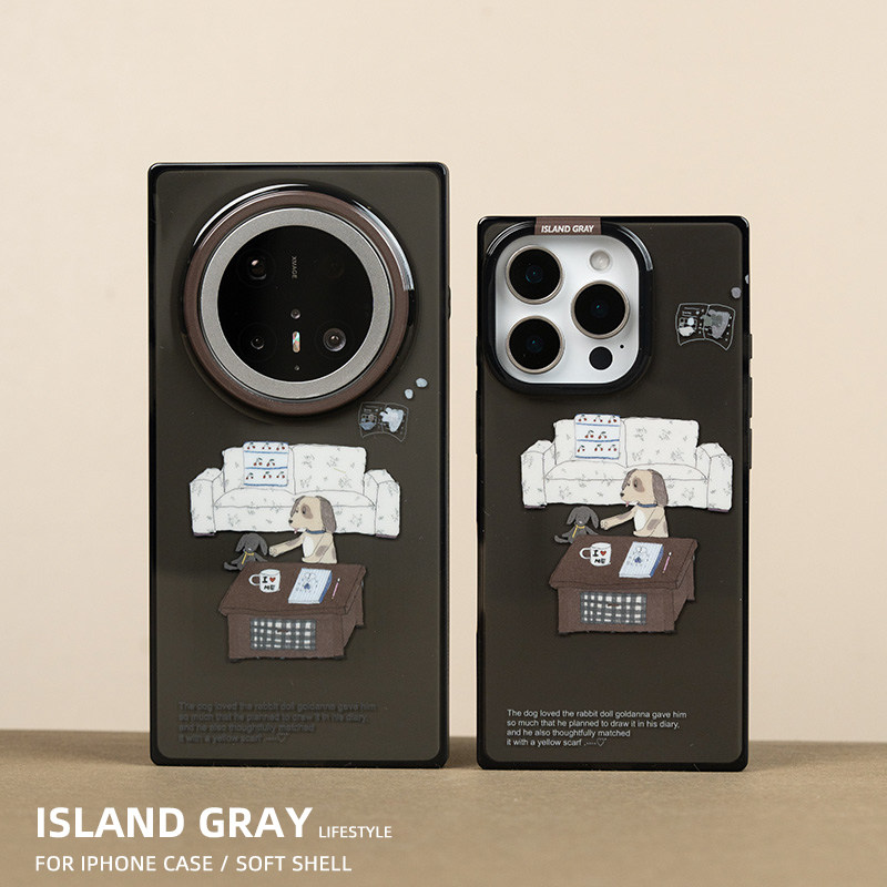 灰岛 复古小狗家居透黑方形手机壳 可爱涂鸦童趣 双层印花 适用于苹果iPhone17 16 15 14 Pro Max