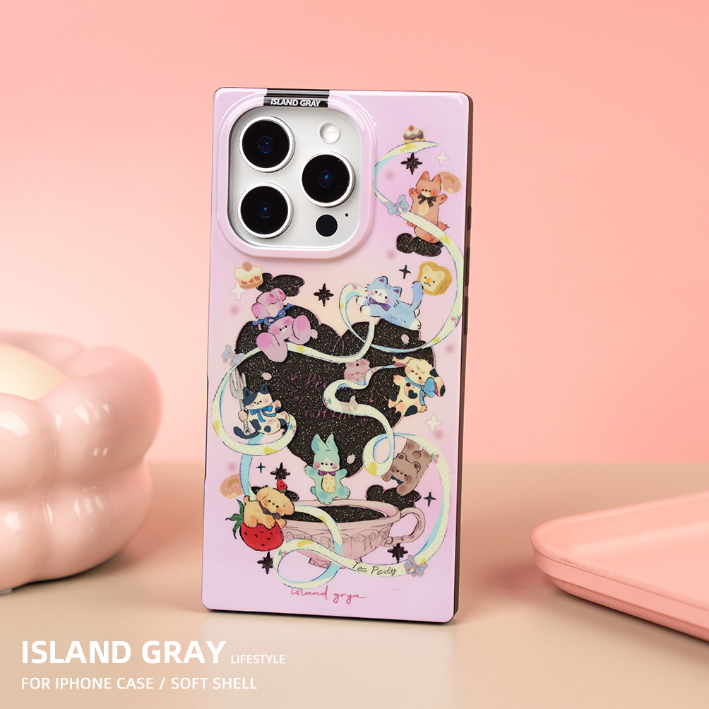 灰岛 动物派对方形手机壳 双层印花 适用于苹果iPhone16 15 14 Pro Max 原创设计 可爱涂鸦童趣 小众创意闪粉