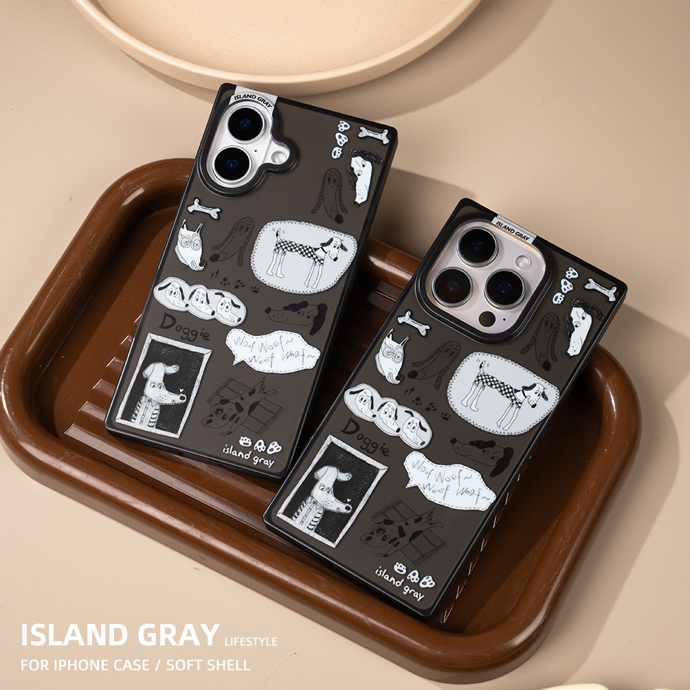 灰岛 黑白手绘小狗透黑方形手机壳 双层印花 适用于苹果iPhone16 15 14 Pro Max 原创设计 可爱少女 童趣卡通