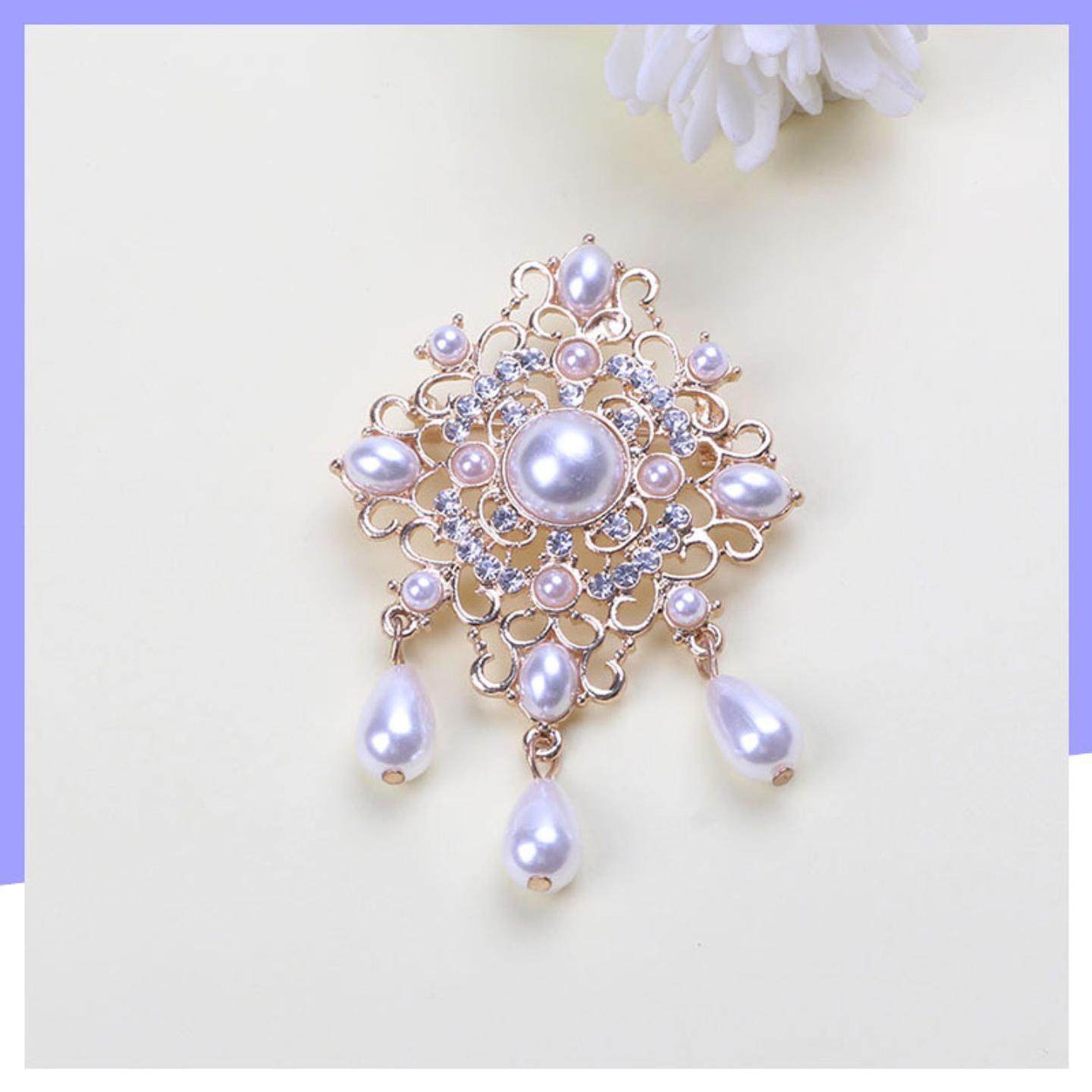 复古巴合金镶珠胸针多色珍珠挂坠钟表胸针时尚搭配