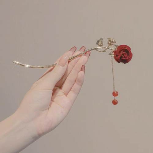 古风玫瑰流苏发簪汉服头饰