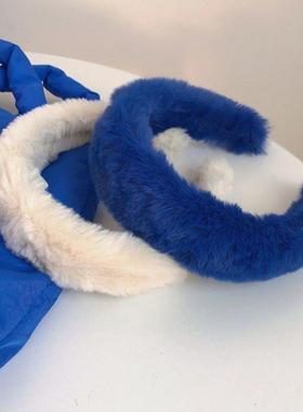 大头发箍克莱因蓝色奶油白色超厚实色毛绒绒头箍高颅顶压发女