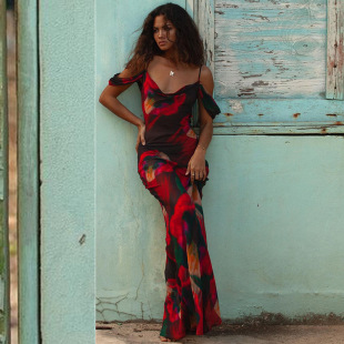 欧美抽象印花吊带高腰时尚连衣裙海边度假浪漫高个子气质潮流长裙