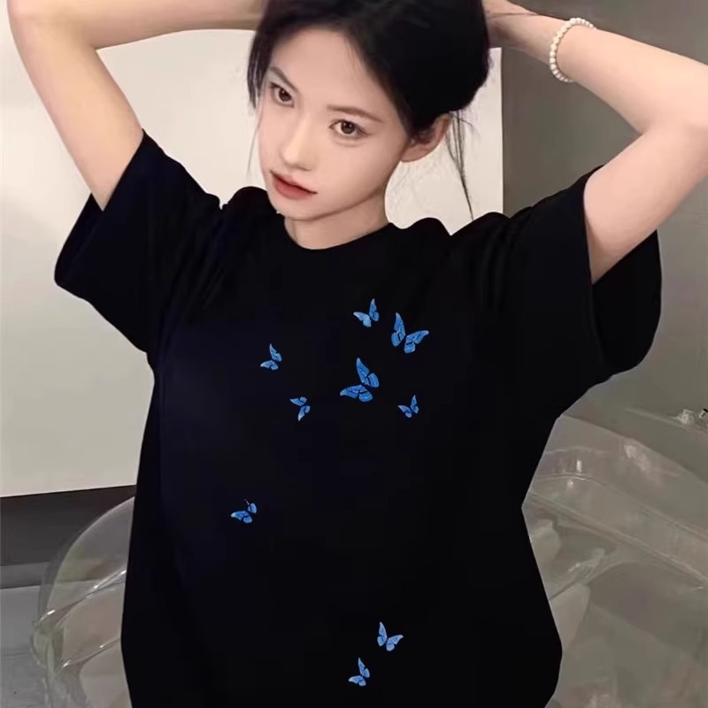 夏季纯棉短袖t恤女2025新款大码设计感小众美式宽松蝴蝶半袖上衣