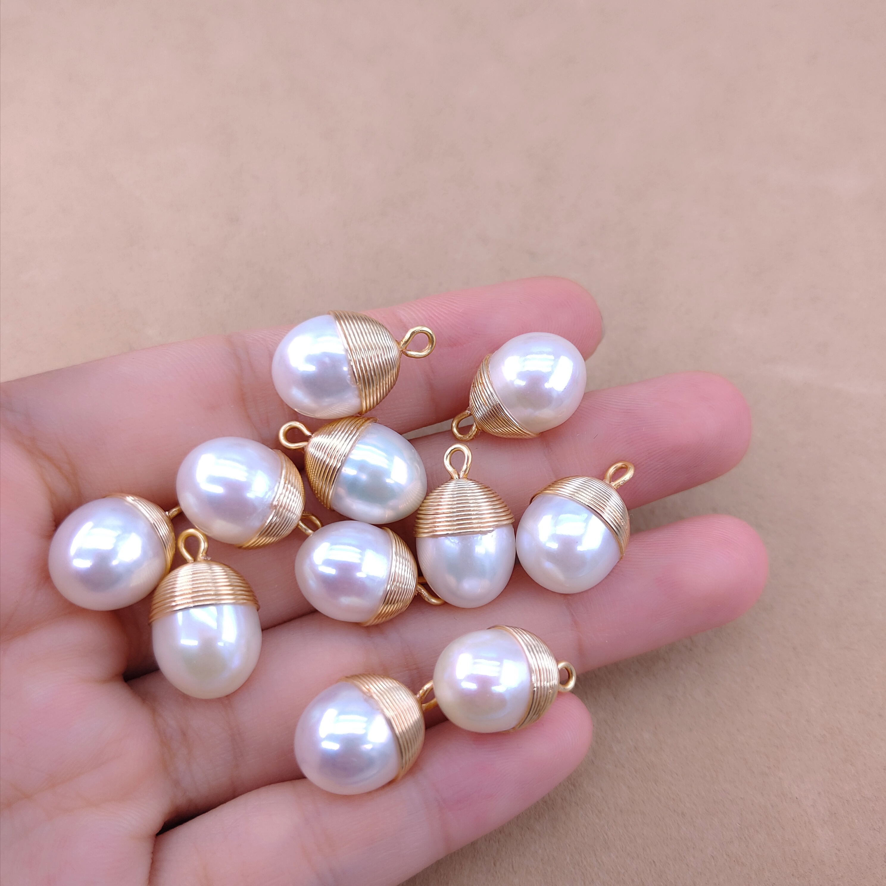 天然淡水巴洛克鎏金包边单吊环米形珍珠 手工diy饰品配件材料