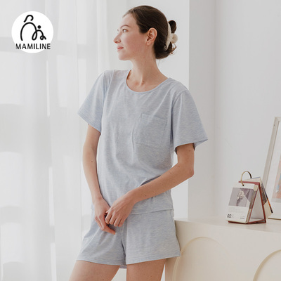 MAMILINE素色竹棉睡衣女家居服女孕妇睡衣产后短袖短裤夏季薄款