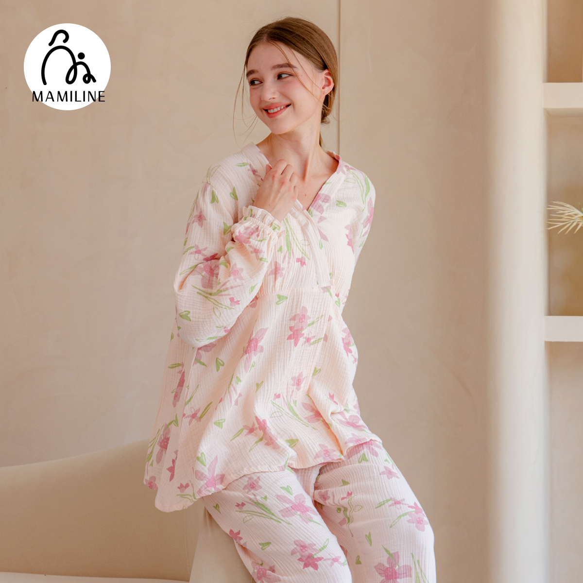 MAMILINE月子服纯棉绉布产后孕妇睡衣产妇哺乳衣家居孕后夏季薄款