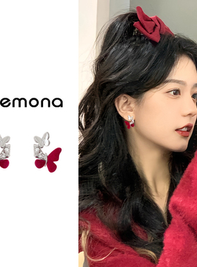 复古红色蝴蝶蚊香盘耳夹女轻奢高级感小众设计无耳洞耳环气质耳饰