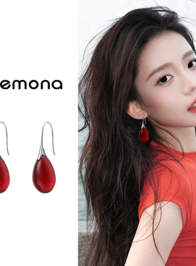 复古红色水滴耳环小众独特精致耳钉日常百搭清冷感气质耳钩耳饰女