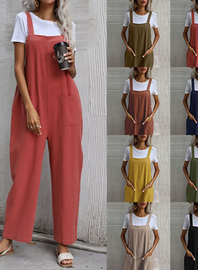 Solid color sleeveless suspender overalls无袖吊带连体背带裤