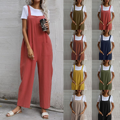 Solid color sleeveless suspender overalls无袖吊带连体背带裤