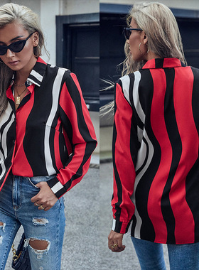 Vintage Top Long Sleeve Red Striped Shirt复古上衣长袖条纹女